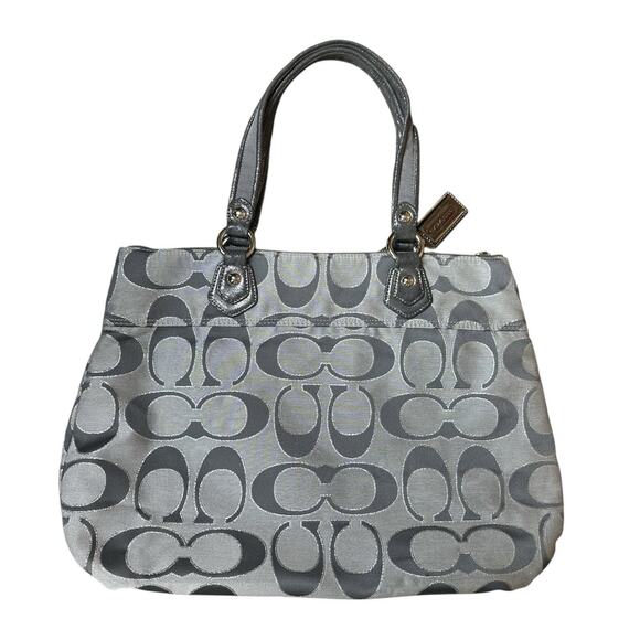 Coach Poppy Signature Sateen Tote Gray Silver Metallic Shoulder Bag Purse Large - Picture 7 of 12